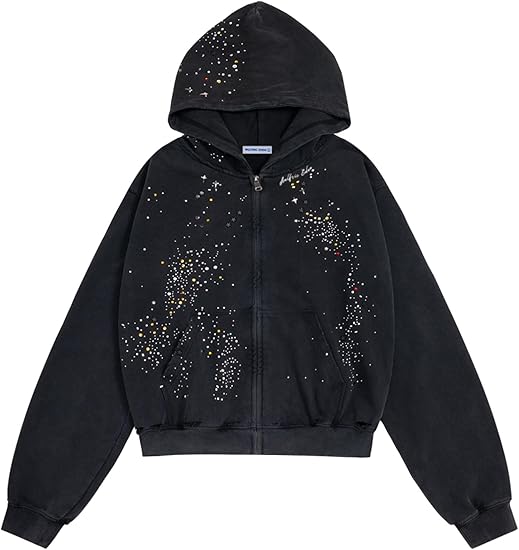Aelfric Eden Star Rhinestone Zip Up Hoodies Womens Mens Casual Hooded Jackets Unisex Loose Crystal Y2K Pocket Sweatshirts