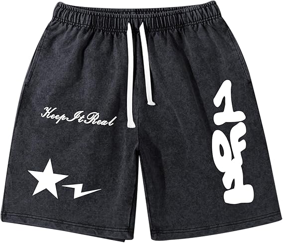 Graphic Shorts Men Streetwear Y2k Short Men's Stars Lettering Print Shorts Vintage Drawstring Acid Washed Short