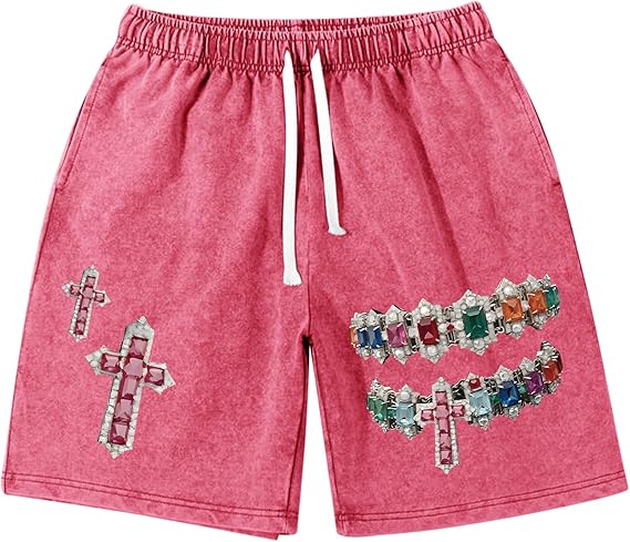 Cross Vintage Shorts Y2k Graphic Retro Streetwear Shorts Mens Print Acid Wash Drawstring Hip Hop Distressed Jorts